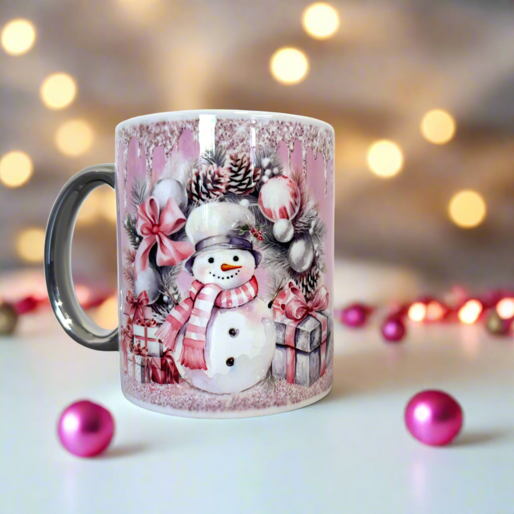 Pink Snowman Christmas Silver Handle Mug