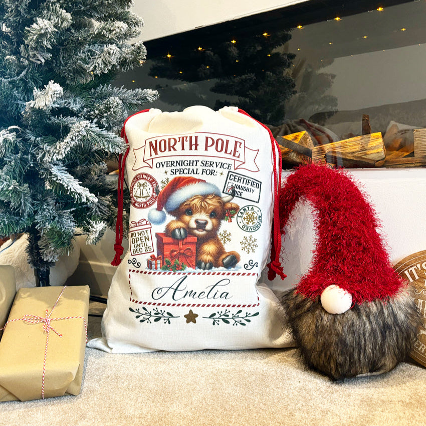 Highland Cow North Pole Santa Sack
