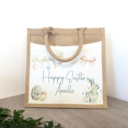 Happy Easter Floral Rabbit Design Tote Bag