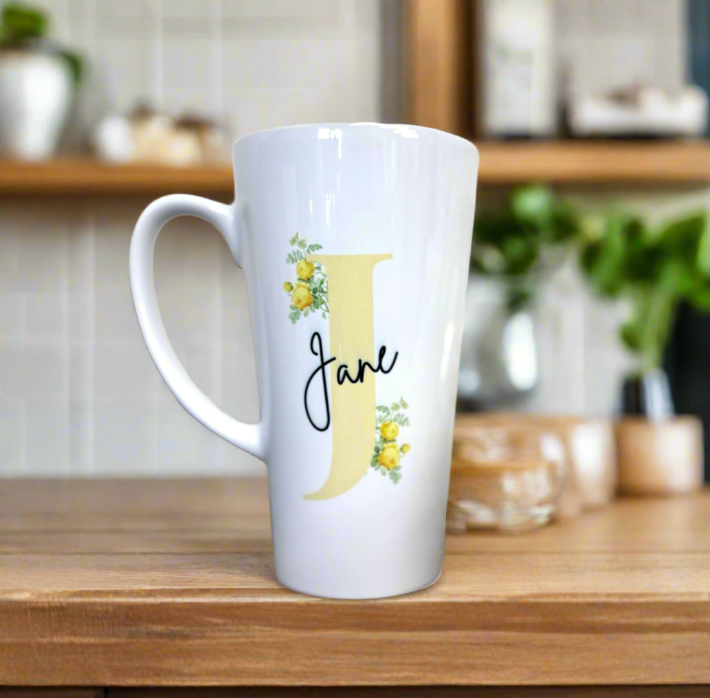 New Latte Ceramic Mug 17oz Yellow Initial inc Box