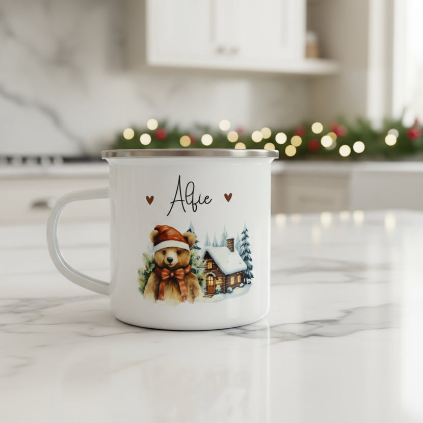 Metal Enamel Mug - Christmas Teddy Bear with Hearts