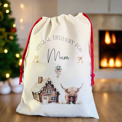 Highland Cow Christmas House Santa Sack