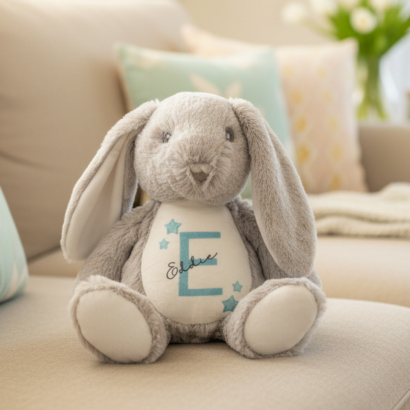 Grey Floppy Rabbit Plush with Initial & Name
