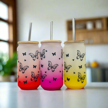 Neon Butterfly Frosted Glass Can 18oz Tumbler