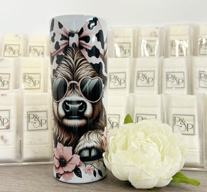 Black and pink highland cow 600ml Skinny Tumbler (print lines)