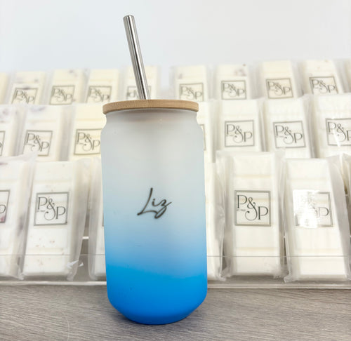 Neon Light Blue Glass Tumbler Name Printed: Liz