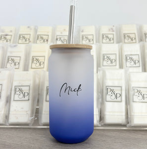 Neon Dark Blue Glass Tumbler Name Printed: Mick