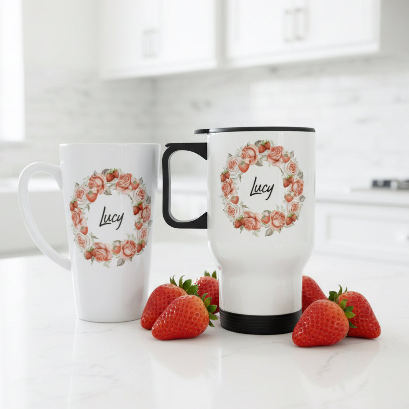 Strawberries Wreath Travel Mug 14oz and Large Latte Bundle