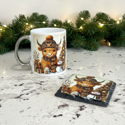 Christmas Highlandcow & Snowman Mug and Coaster Set