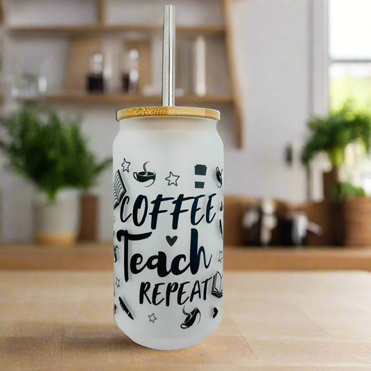 Coffee Teach Repeat Frosted Glass Can 18oz Tumbler