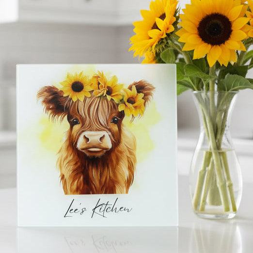 Highland Cow Yellow Sunflower Chopping Board 30cm