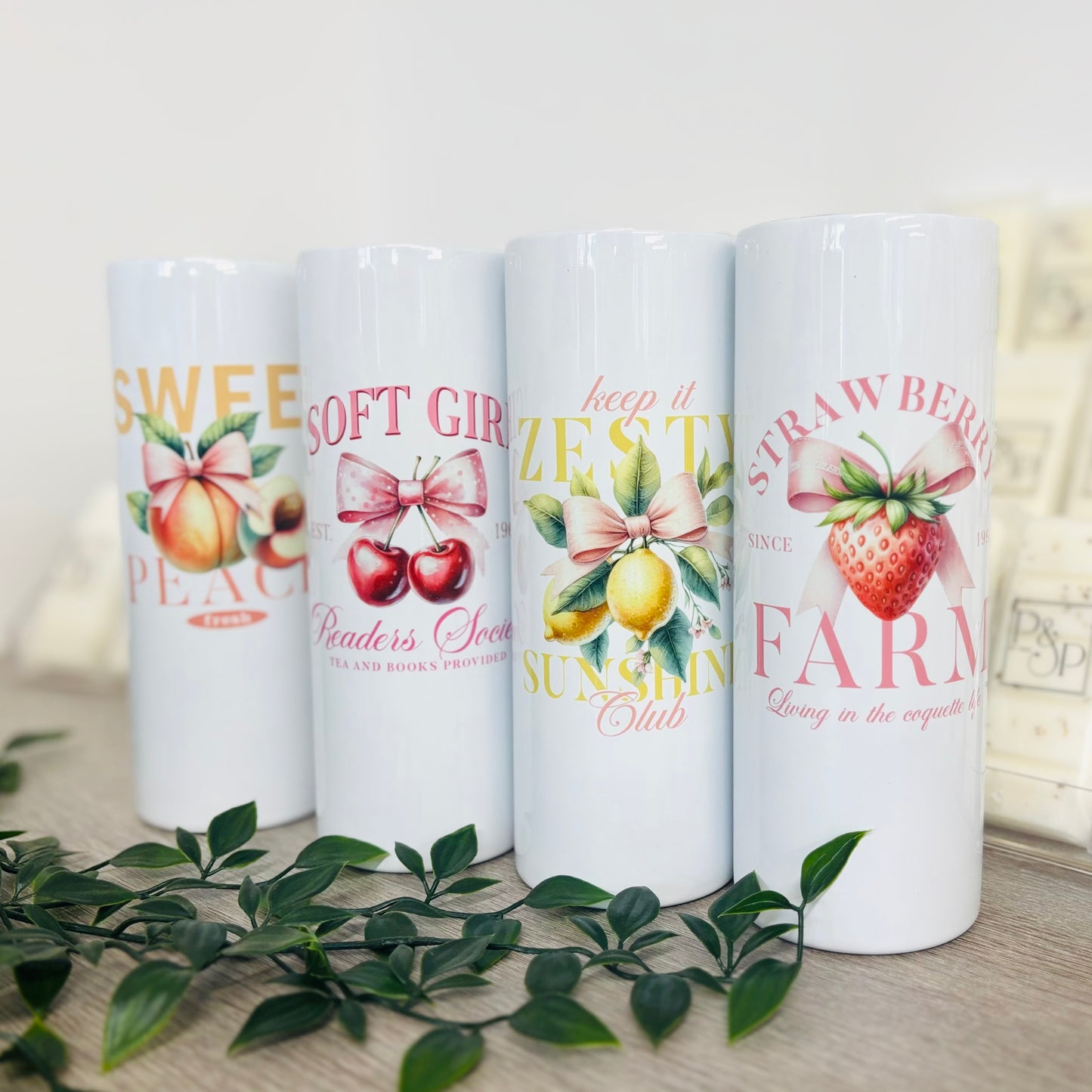 White Tumbler with Fruits With Bows