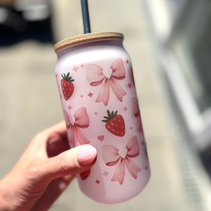 Strawberry and Bows Frosted Glass Can 18oz Tumbler