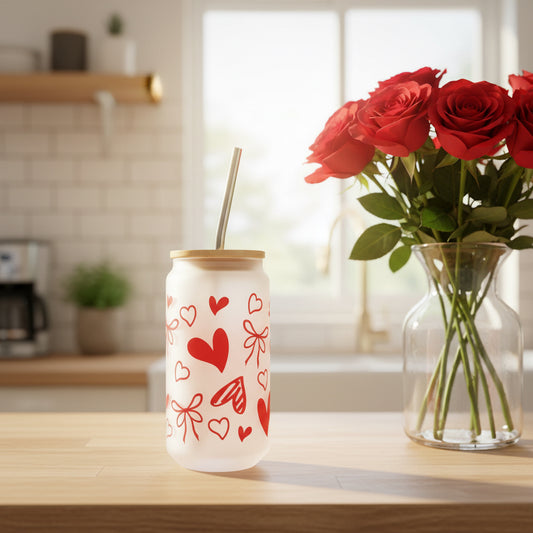 Red Heart Frosted Glass Can 18oz Tumbler