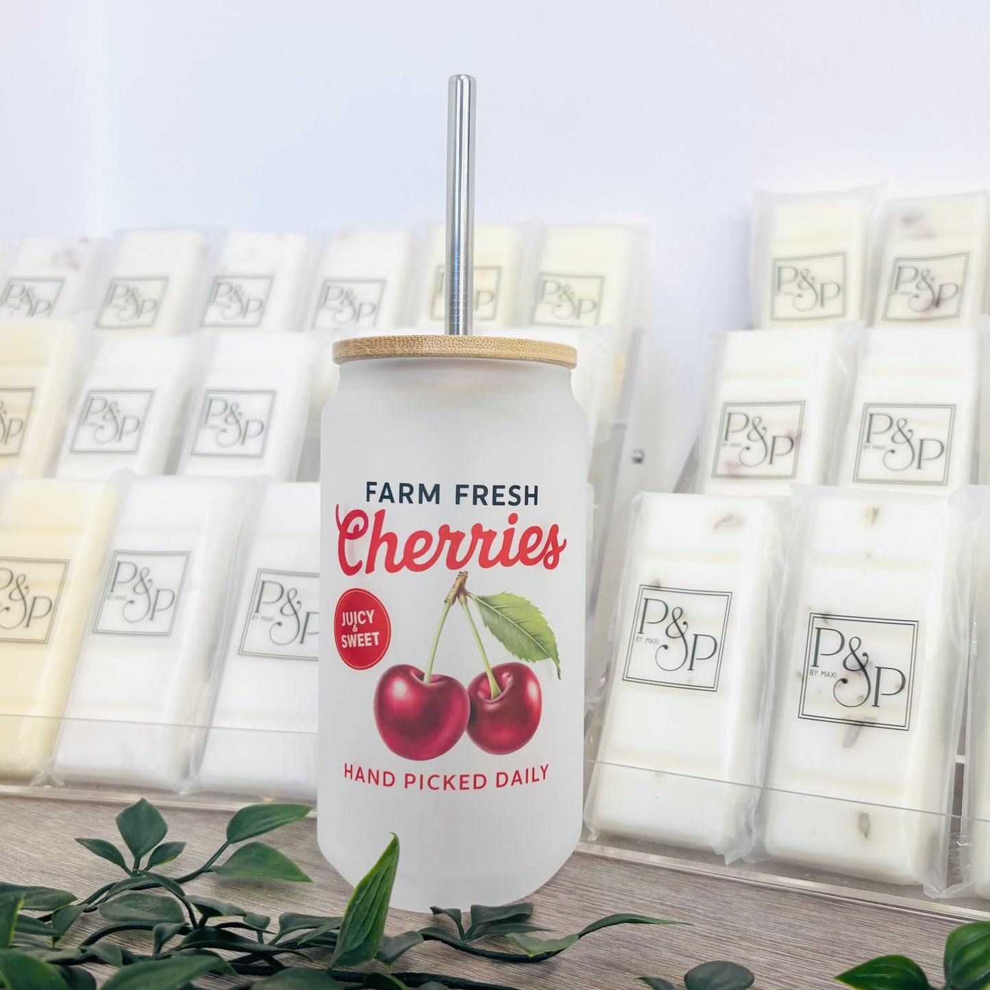 Glass Can Vintage Fruits Bamboo Lid / Metal Straw 18oz Tumbler