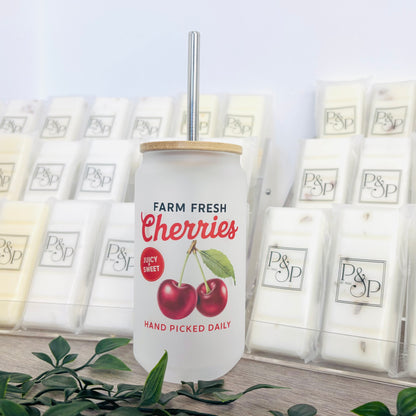 Glass Can Vintage Fruits Bamboo Lid / Metal Straw 18oz Tumbler