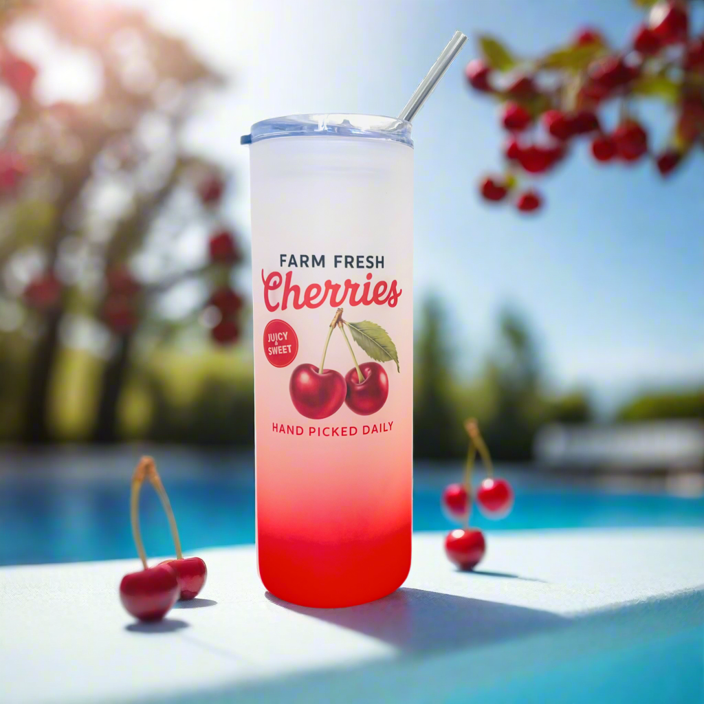 Farm Fresh Cherries Red Tall Skinny Glass Tumbler 25oz