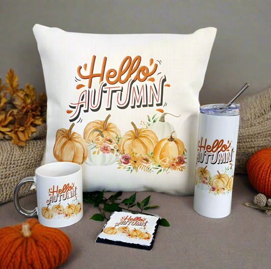Hello Autumn Bundle (Cushion , Tumbler & Mug and Coaster)