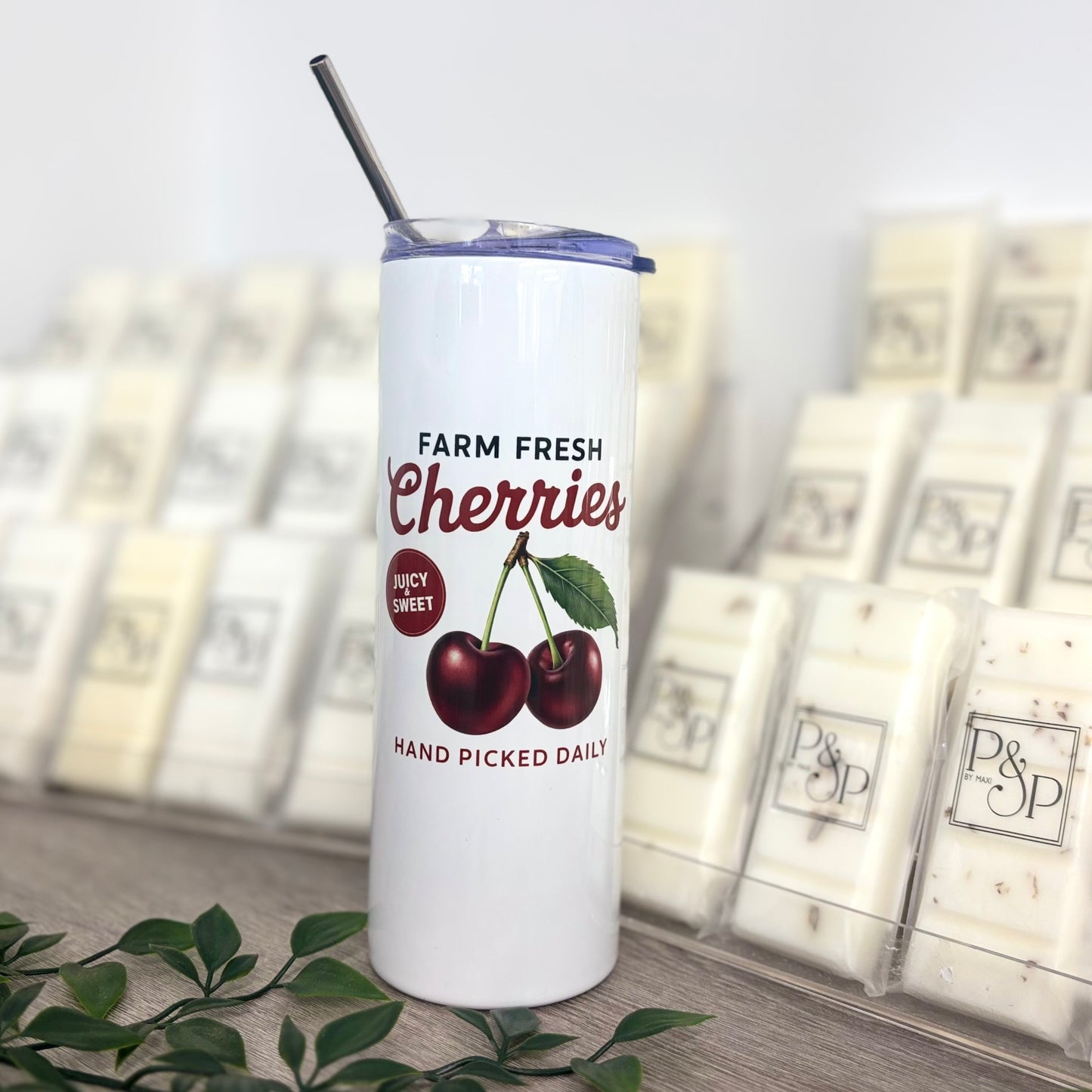 White Tumbler with Vintage Fruits