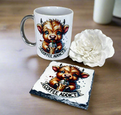 Coffee Addict Highland Cow Mug and Coaster Bundle