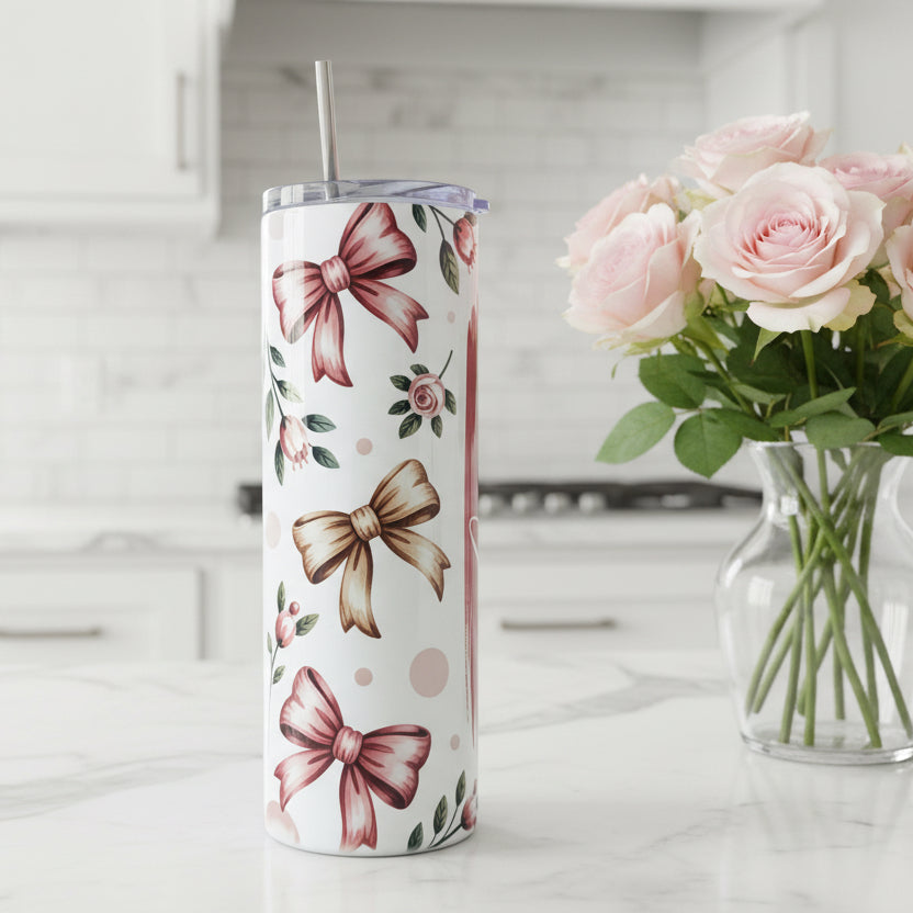 Pink and Beige Bows Named Tumbler