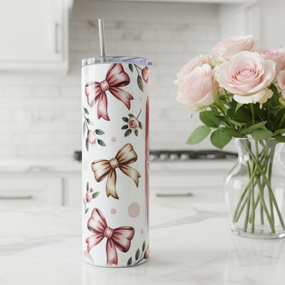 Pink and Beige Bows Named Tumbler