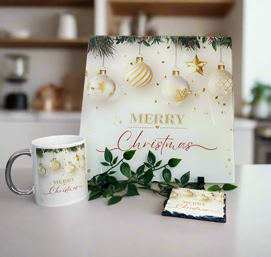 Merry Christmas Bauble Bundle (Splashback & Mug and Coaster)