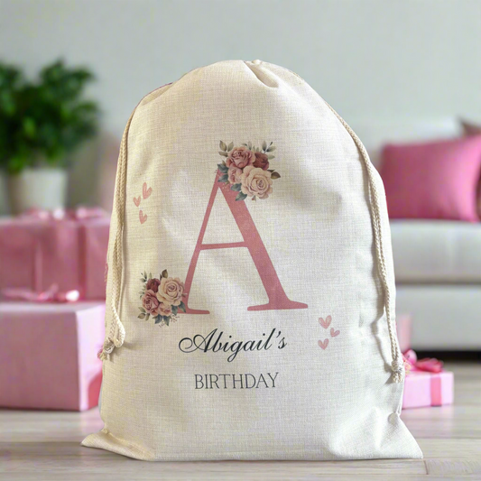 Pink Floral Initial Birthday Sack