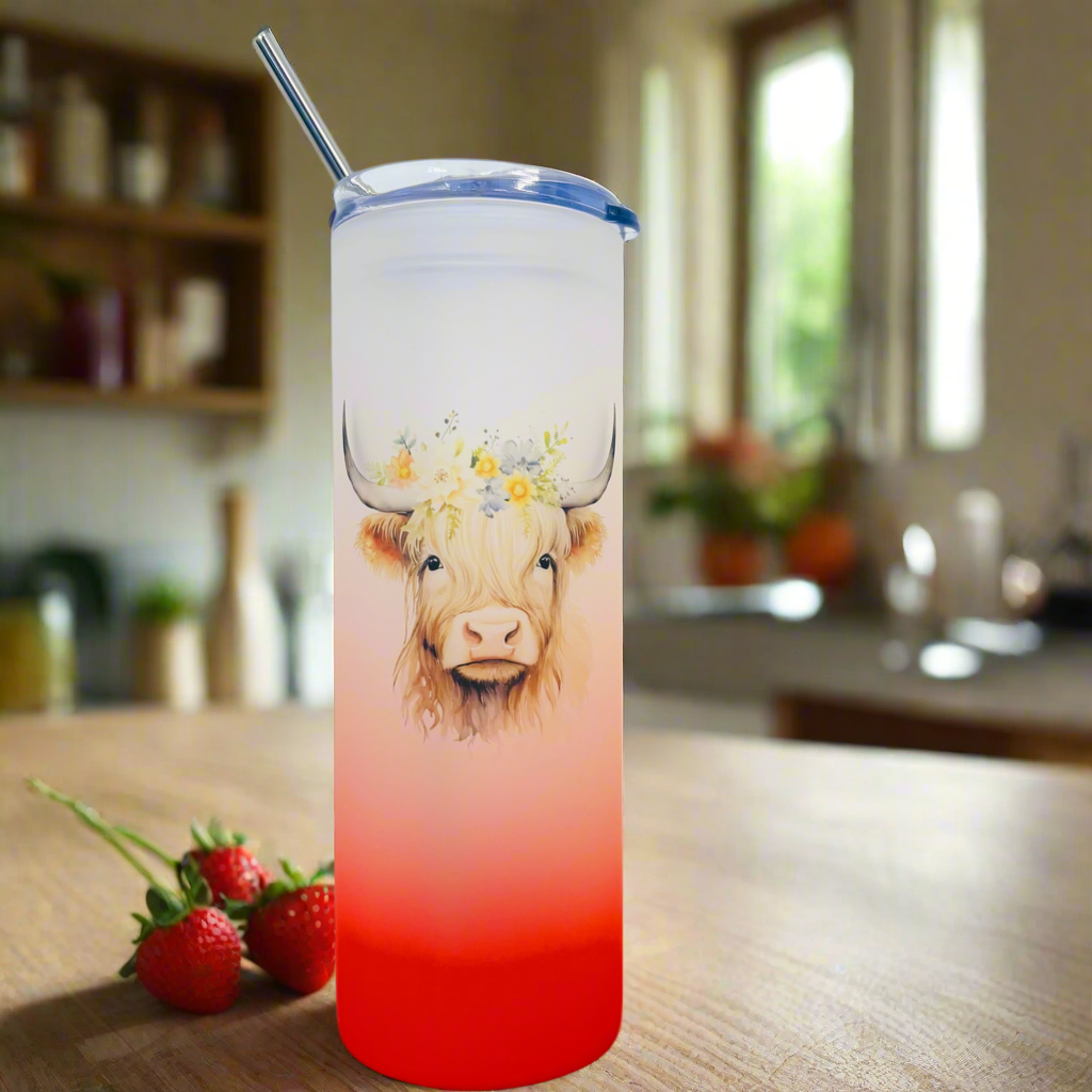 Highland Cow Tall Neon Skinny Glass Tumbler 25oz