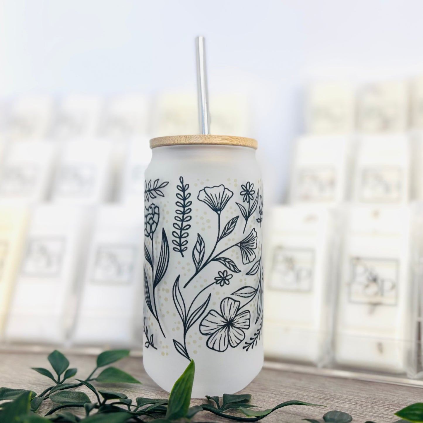 Black and Gold Floral Glass Can 18oz Tumbler