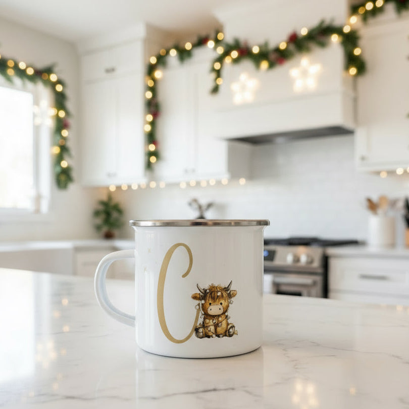 Metal Enamel Mug - Initial Highland Cow