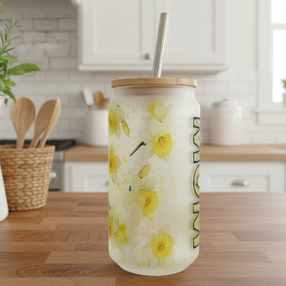 Mum Daffodil Frosted Glass Can 18oz Tumbler