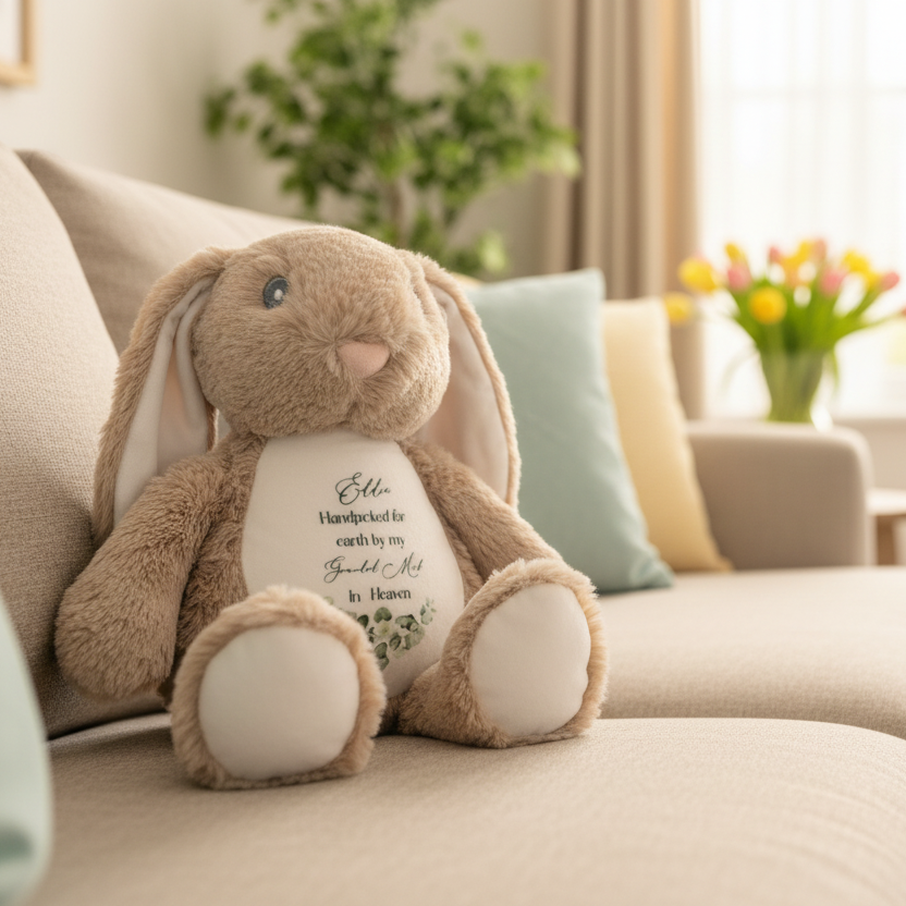 Floppy Rabbit Plush Teddy -“Handpicked for Earth” with flowers