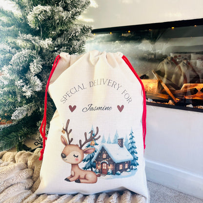 Reindeer with Christmas House Santa Sack