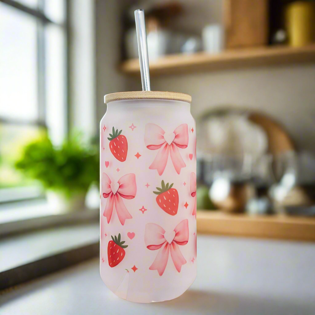 Strawberry and Bows Frosted Glass Can 18oz Tumbler