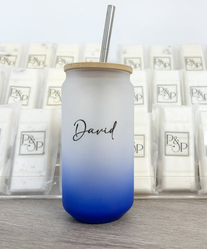 Neon Dark Blue Glass Tumbler Name Printed: David