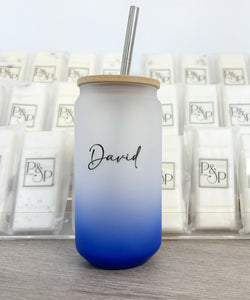 Neon Dark Blue Glass Tumbler Name Printed: David