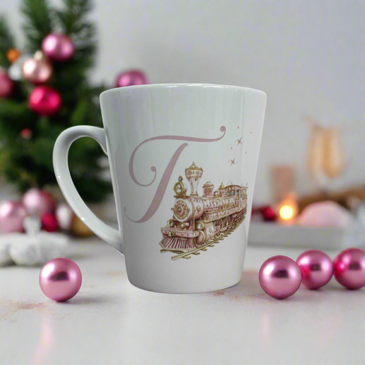 Pink and Gold Christmas Train Initial Mini Latte Mug