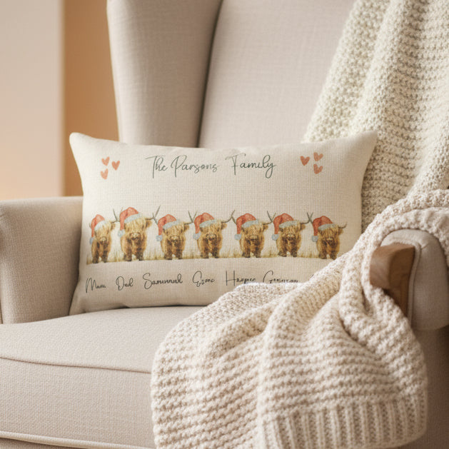 Christmas Highland Cow Family - Filled Cushion
