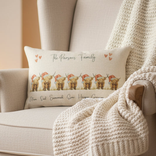Christmas Highland Cow Family - Filled Cushion