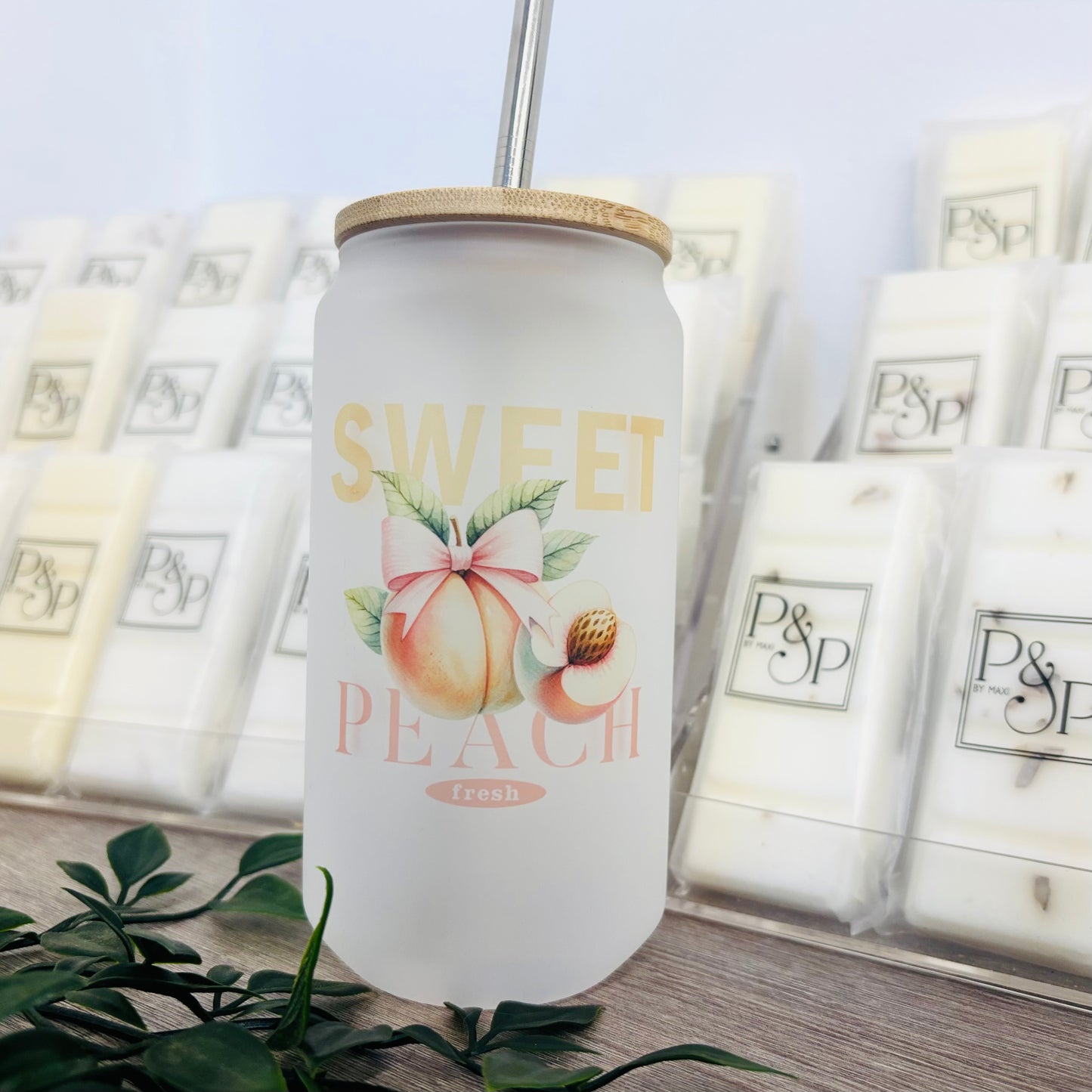 Glass Can Vintage Fruits Bamboo Lid / Metal Straw 18oz Tumbler