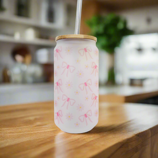 Dainty Bow Frosted Glass Can 18oz Tumbler
