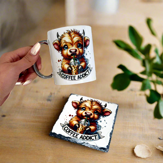 Coffee Addict Highland Cow Mug and Coaster Bundle