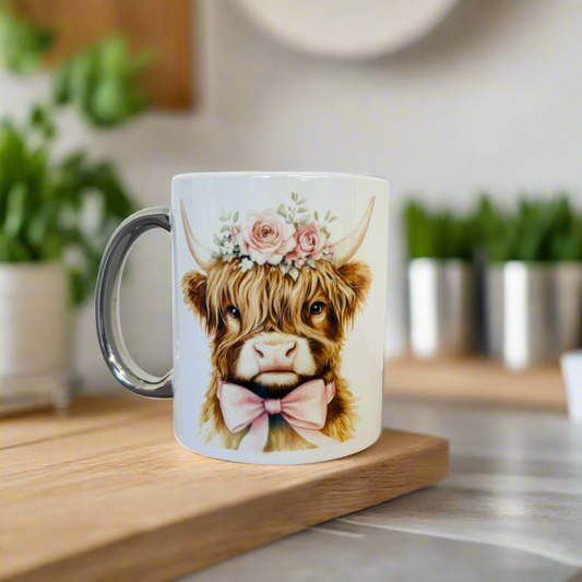 Pink Light Brown Highland Cow silver handle mug