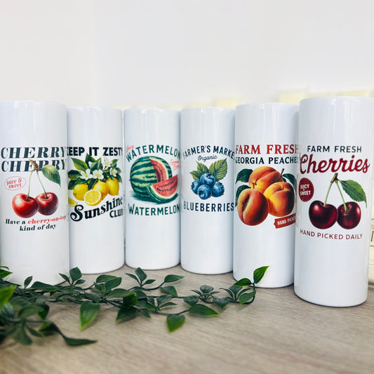 White Tumbler with Vintage Fruits