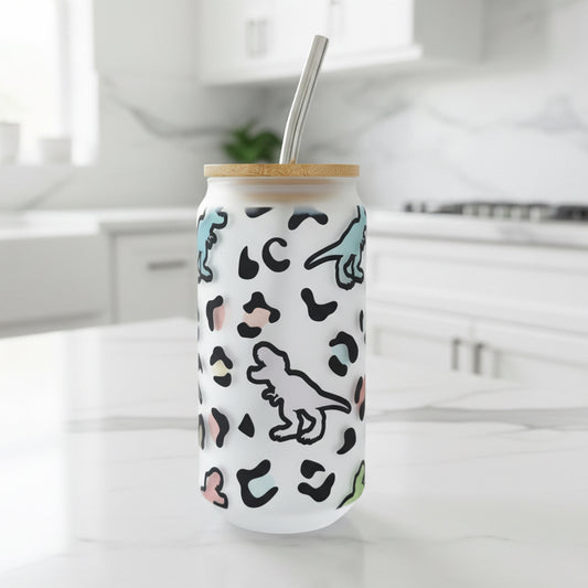 Dino Frosted Glass Can 18oz Tumbler