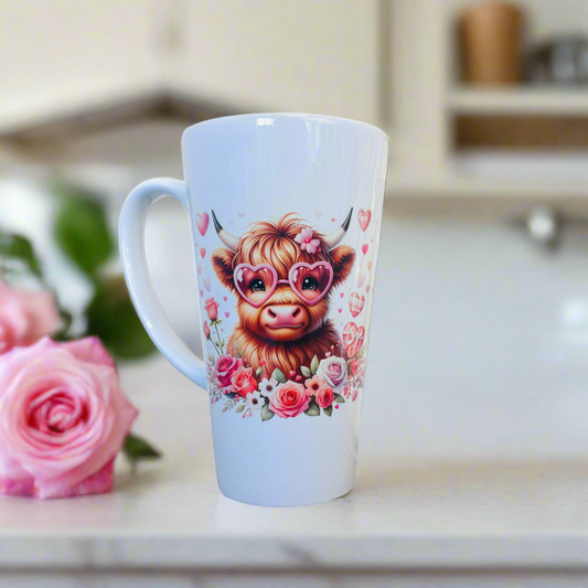 New Latte Highland Cow Glasses and Roses Ceramic Mug 17oz inc Box