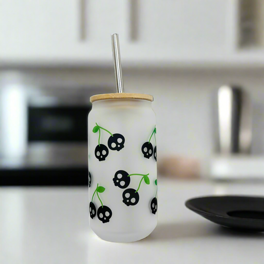 Skull Cherries Frosted Glass Can 18oz Tumbler