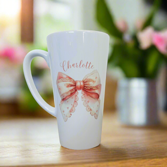 New Latte Ceramic Mug 17oz Pink Vintage Bow inc Box