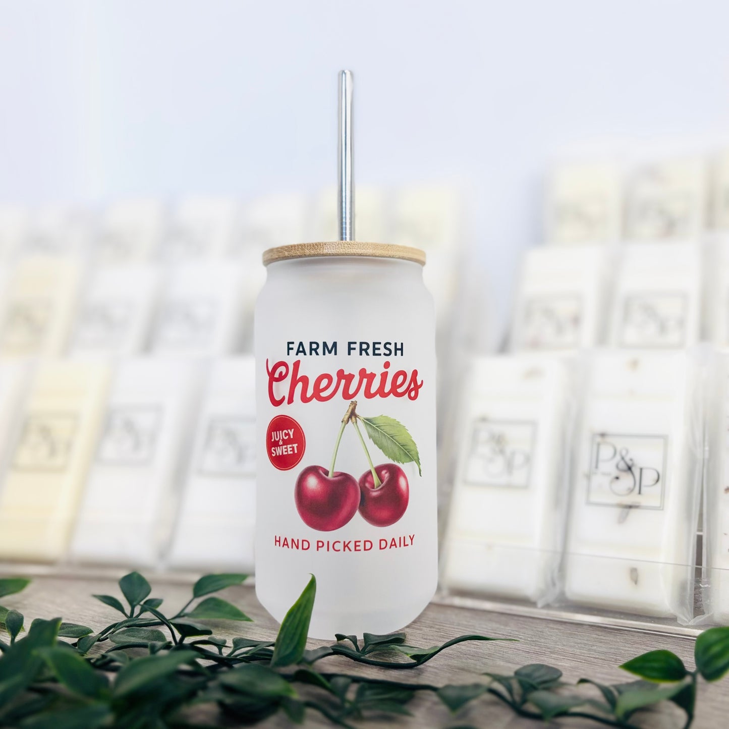 Glass Can Vintage Fruits Bamboo Lid / Metal Straw 18oz Tumbler